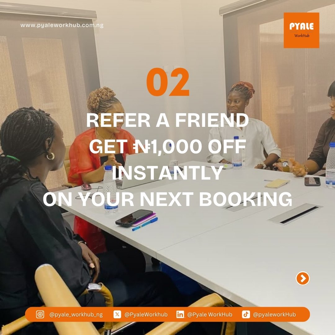 PyaleWorkhub's tweet image. Your consistency at Pyale Workhub should pay off.
Every booking earns reward points you can redeem for discounts on future sessions. Work more, save more.
📍 21 Bekwere Wosu Street, D-Line Port Harcourt
#PyaleWorkhub #RewardPoints #SmartWorkspace #CoworkingNigeria #WorkSmart