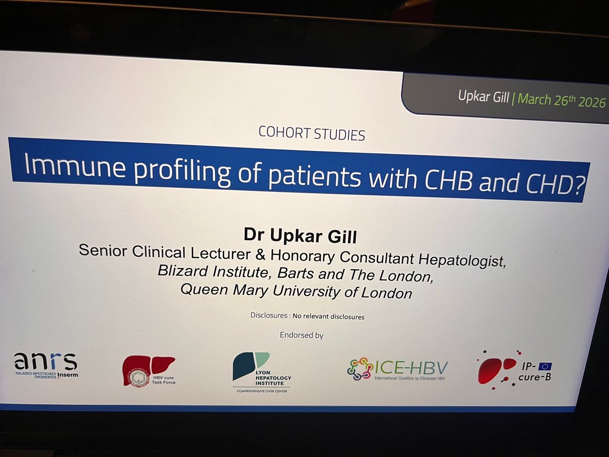 BartsHepatology's tweet photo. Our very own @druppygill speaking at the ANRS HBV Cure International Workshop on
immune profiling of patients with CHB and CHD #hbvcure
@agenceANRS @blizard_inst @QMUL @BASLedu @EASLedu @BritSocGastro @AASLDtweets https://t.co/dsc95wg4xL