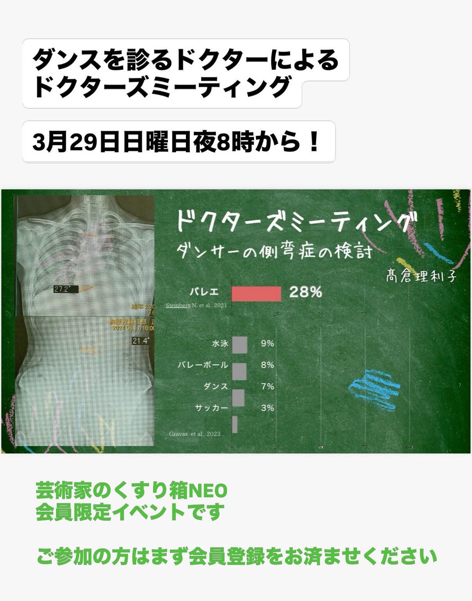 kusuri_NEO's tweet photo. 【ダンサーを診るドクターのケースミーティングをのぞき見しよう】
3月29日夜8時から、今回はリリズスポーツクリニックの髙倉理利子先生による「ダンサーの側弯症」についてです。

非会員の方で参加を希望される方は、お申し込みの前に会員登録をお願いいたします。
会員の方はメールをご覧ください。 https://t.co/DhHx5ooazI