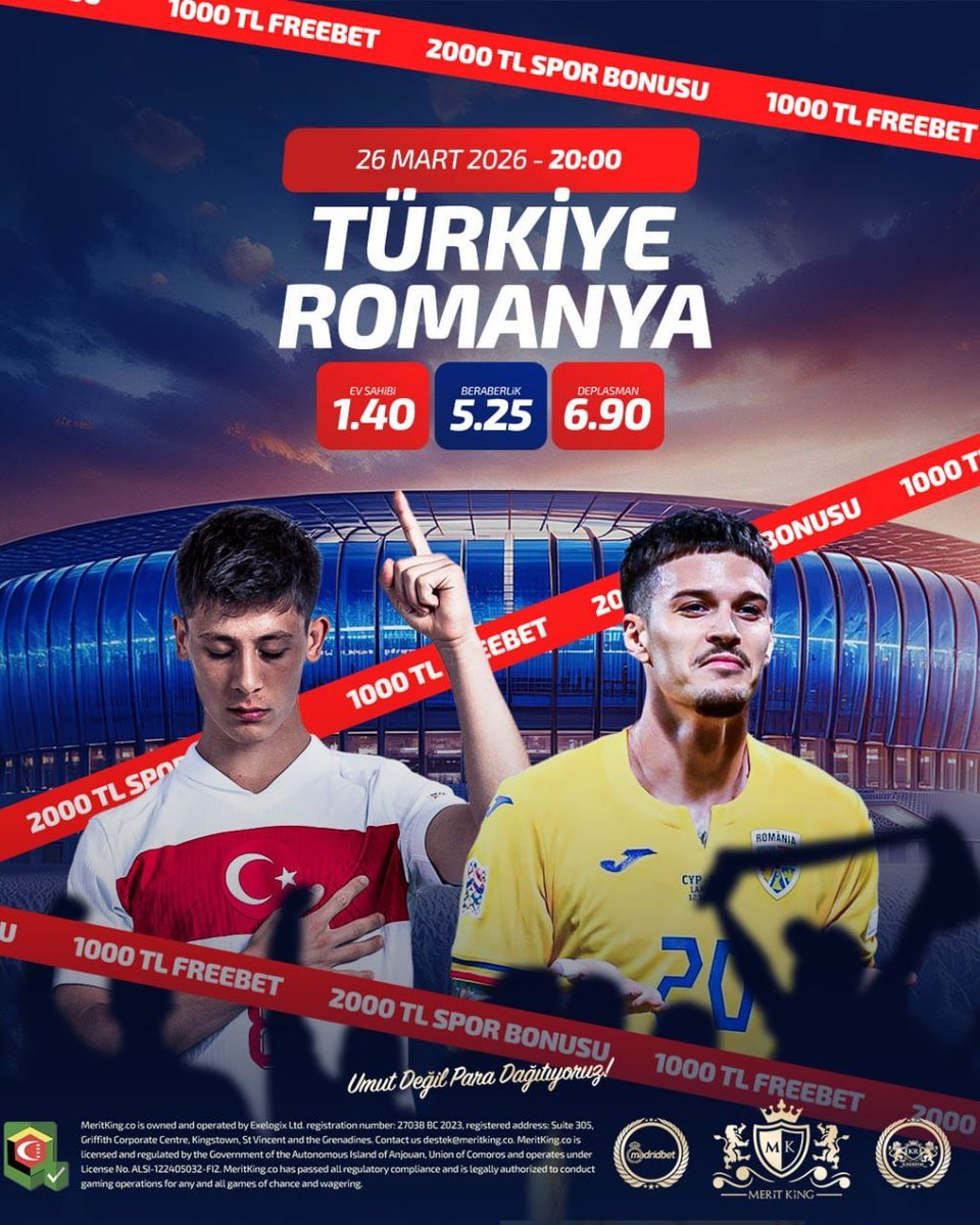 mayahuzm's tweet photo. ⚽️Meritking Günün Maçında Heyecan Dorukta!⚽️

#Türkiye ⚔️ #Romanya | 20:00  

🔗https://t.co/8OqhsOVKcH

🏠Ev Sahibi (Türkiye): 1.40
🤝Beraberlik: 5.25
✈️Deplasman (Romanya): 6.90

Milli maç heyecanını en yüksek oranlar ve geliştirici bonuslarla taçlandırma zamanı!

#denemebonusu https://t.co/vEohDJxIax