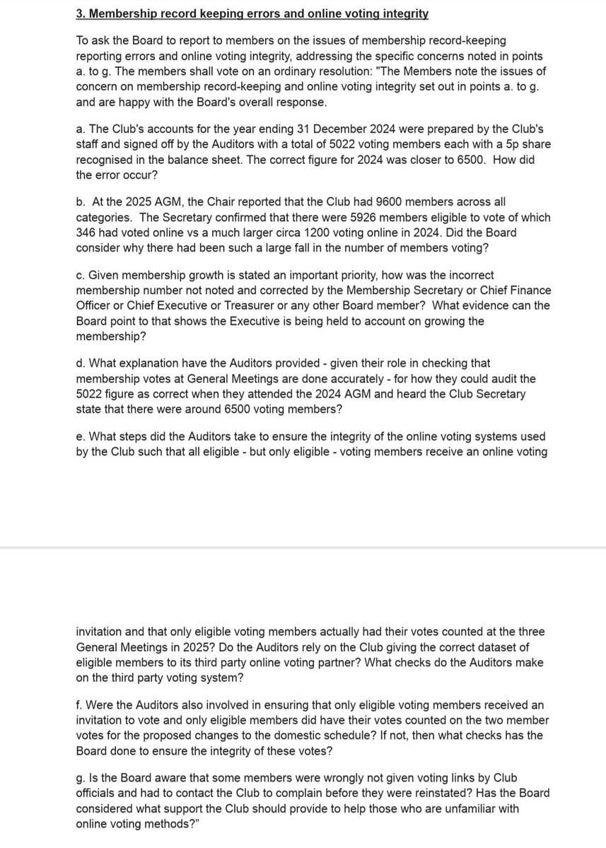 LancsCCMG's tweet photo. A number of issues relevant to the Board's SGM resolutions have already been raised by members for the 2026 AGM - see photos below.

If the members pass the Board's resolution 1 then that could be used to invalidate these AGM resolutions retrospectively. https://t.co/s5u1GA5C0v