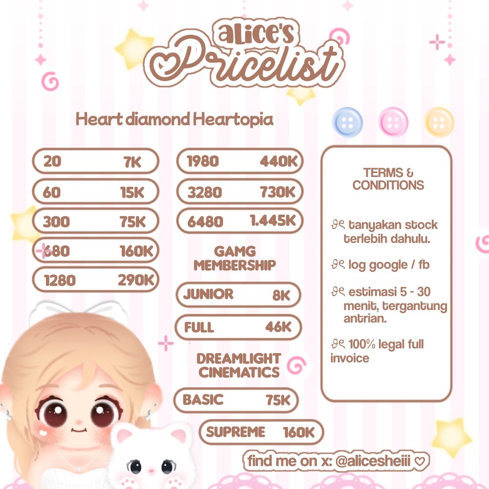alicesheiii's tweet photo. knock - knock! warga heartopia .✦ ݁˖
aku open topup hato yah! order langsung ketuk whatsapp alice ♡
─⋆𐙚 fast process, inc invoice &amp; ada loyalty card!
─⋆𐙚 💌 : https://t.co/kqKTlMGnxi
─⋆𐙚 testi : https://t.co/99O46lLxn8

t. #zonauang wts wtb https://t.co/4UayHQETjJ