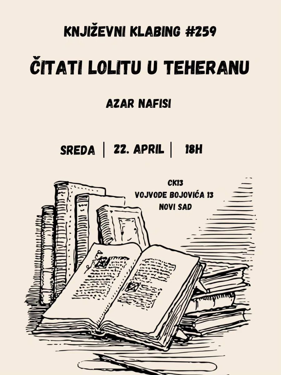 knjklabing's tweet photo. Za 259. Klabing pričamo o knjizi Azar Nafisi "Čitati Lolitu u Teheranu". Može se reći da čitamo Čitamo Lolitu u Teheranu u Novom Sadu :))
Družimo se 22. aprila od 18h u Ck13.
https://t.co/tDTwe8aQJp https://t.co/naFZ7aq5Lr