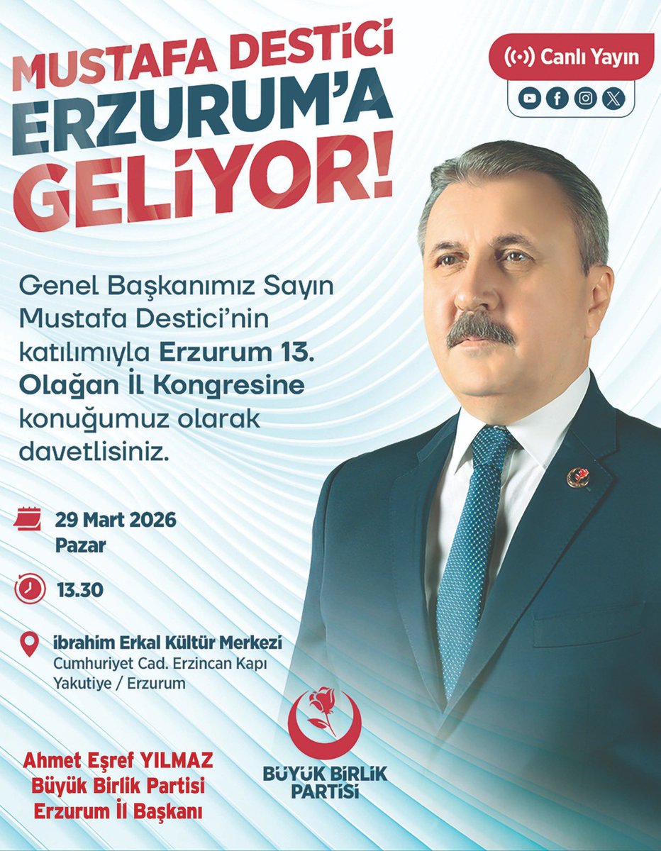 Aziz hemşehrilerim, kıymetli dadaşlar,

Şehit liderimiz Muhsin Yazıcıoğlu’nun emaneti, Türk siyasetinin onurlu duruşu Büyük Birlik Partimizin Erzurum İl Kongresi’ni 29 Mart 2026 Pazar günü gerçekleştireceğiz.

Büyük Birlik Partisi; günü kurtaran siyaset anlayışına, çıkar