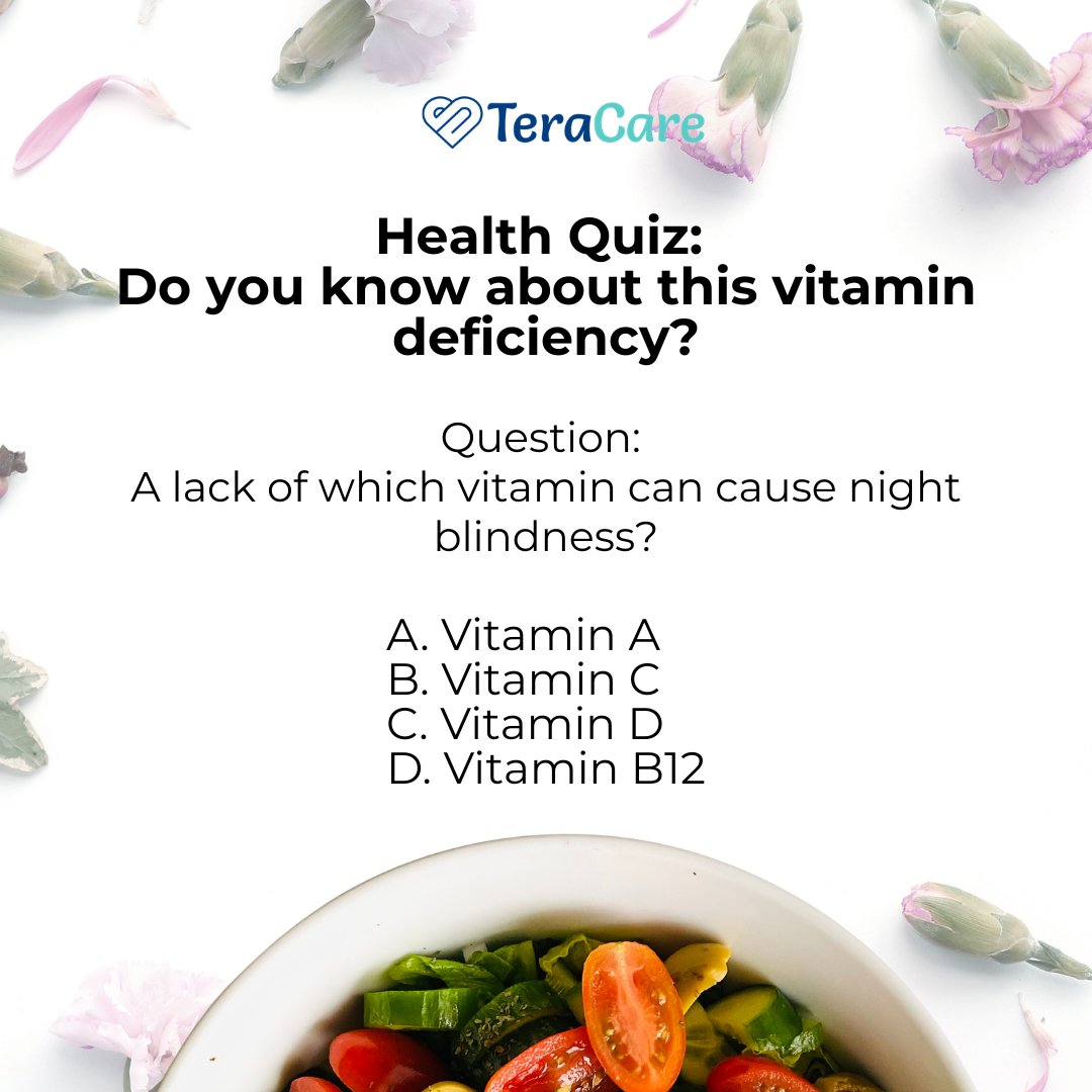 TeracareHealth's tweet photo. Think you know your vitamins? 👀
Night blindness isn’t random, it’s a signal.

Which vitamin is responsible?
A, B, C, or D?

Drop your answer 👇
Follow for more simple health insights.
#HealthQuiz #Teracare #NutritionMatters #HealthyLiving https://t.co/u1PPrK5pkI