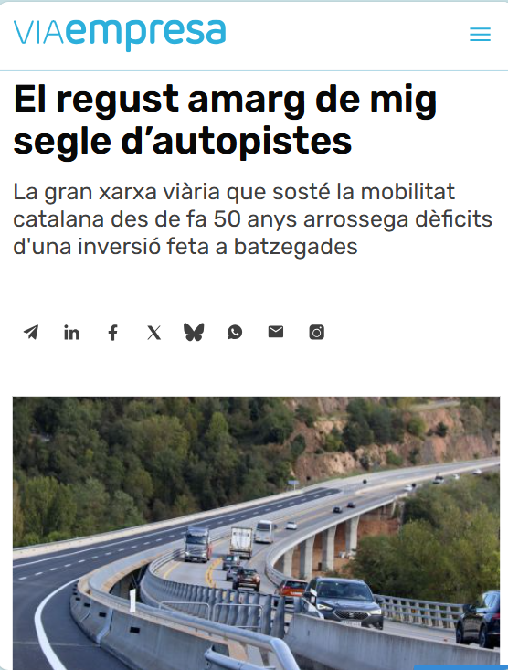fem_Valles's tweet photo. 🛣️ 50 anys d’autopistes: balanç amb llums i ombres.
El model actual mostra límits i obre un debat necessari: quines infraestructures necessita avui el país per ser competitiu?
Al Vallès, la mobilitat és clau. Cal repensar prioritats.
👉 Llegeix l’article https://t.co/4lKeOrRGme https://t.co/JfGEMdfEM5