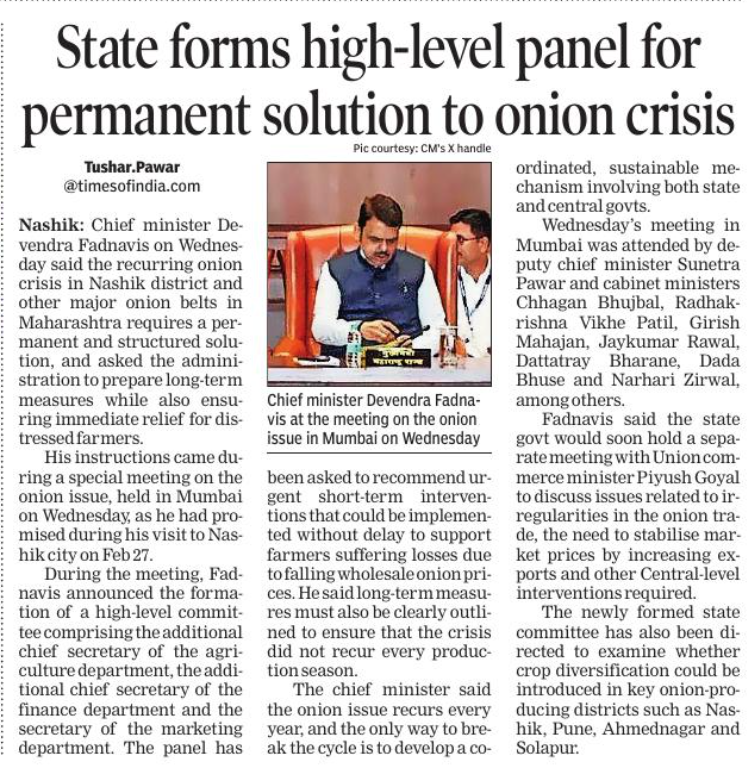 NASHIK: State forms high-level panel for permanent solution to onion crisis