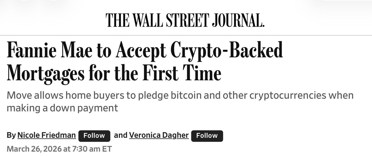 BREAKING: Fannie Mae öffnet erstmals die Tür für „Crypto“ backed Mortgages.

Laut Wall Street Journal sollen Hauskäufer künftig Bitcoin und Kryptowährungen als Sicherheit oder sogar für das Down Payment bei Hypotheken nutzen können, ohne vorher verkaufen zu müssen.

Das ist ein