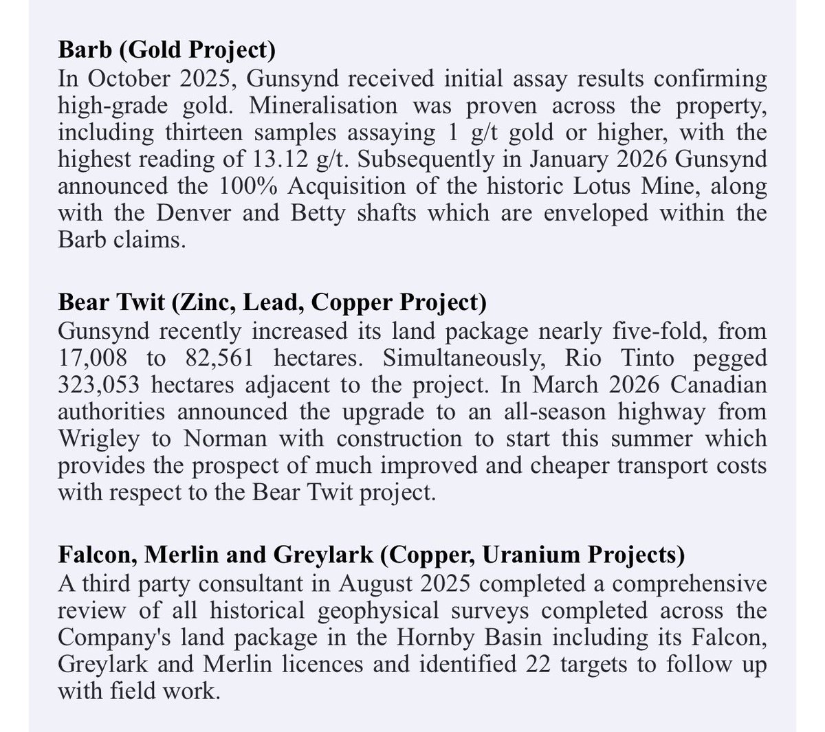 BigGibUK's tweet image. #GUN mind blowing 🤯 

100% owned projects:

Barb Gold Project next door to 1911 Gold Corp $300m market cap

Bear Twit Zinc Lead Copper RIO TINTO recently went big right next door to Bear Twit. Fireweed Metals down the road developing Macpass and is one of the world’s largest