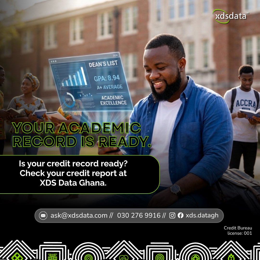 📚 Your academic record is ready.
Is your credit record ready?

Check your credit report at XDS Data Ghana.

#FastService
#CreditReport
#XDSDataGhana