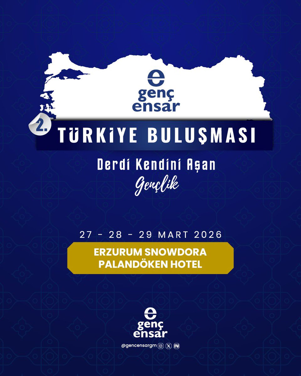 📍 Erzurum Snowdora Palandöken Hotel
📅 27 – 28 – 29 Mart 2026

Genç Ensar 2. Türkiye Buluşması, bu kez Türkiye’nin dört bir yanından gençleri bir araya getiriyor.

Eğitimler, etkinlikler, paylaşımlar ve ilham veren buluşmalarla dolu bu özel program başlıyor.

#Kardeşliğinİzinde,