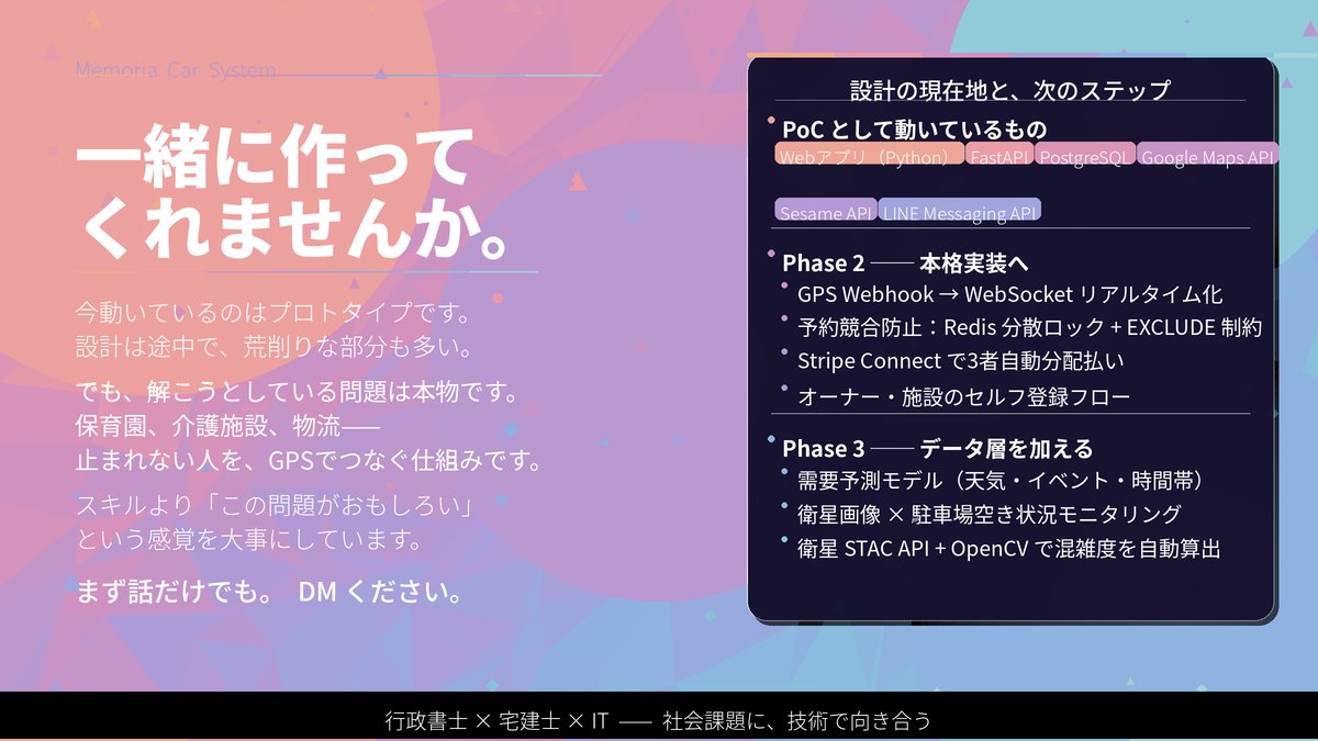 310_li's tweet photo. 【エンジニア募集】駐車場×GPS×自動予約のプロダクト

現在PoCが動いています。
next stepの設計は固まっていて、実装フェーズに入りたい。

■ 現在のスタック
Python / Streamlit / FastAPI
PostgreSQL / Google Maps API
Sesame API / LINE Messaging API

■ 次に実装したいこと
・GPS Webhook → WebSocket リアルタイム化
・Redis 分散ロック（競合予約防止）
・Stripe Connect（3者自動分配払い）
・需要予測モデル / 衛星画像連携

■ リポジトリ
https://t.co/REaK0yBoev
README・スキーマ・ロードマップ・Issue整備済み。
コードを見てから判断してもらえると嬉しいです。

■ 求めていること
週5〜10時間から。副業・兼業歓迎。
特定のスキルより、この問題領域に興味があるかを重視します。

現時点では有償契約は難しいですが、
収益化後の分配について真剣に話し合いたいと思っています。

興味があればDMください。
まずコードの話だけでも大丈夫です。

#エンジニア募集 #個人開発 #Python #FastAPI #社会課題