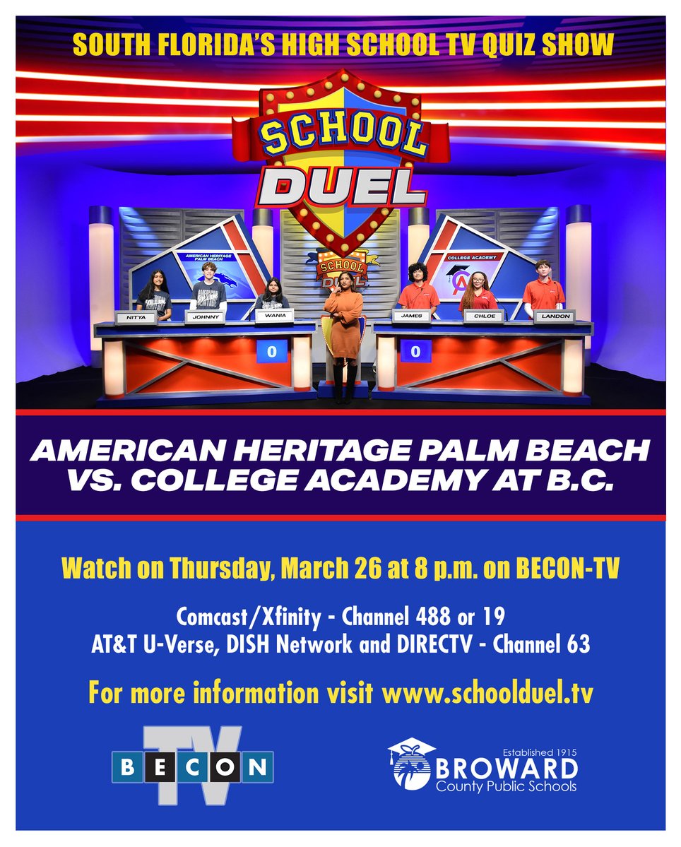 SchoolDuel's tweet photo. ⏰Reminder: Game 5 of School Duel airs tonight at 8 p.m.  

📺American Heritage Palm Beach vs. College Academy at B.C. Watch on BECON-TV Ch. 488 &amp; 19 Comcast | Ch. 63 AT&amp;T, Dish, DirecTV 

 Who takes the win? 

#SchoolDuel #BCPS https://t.co/NXgkKvrdDq