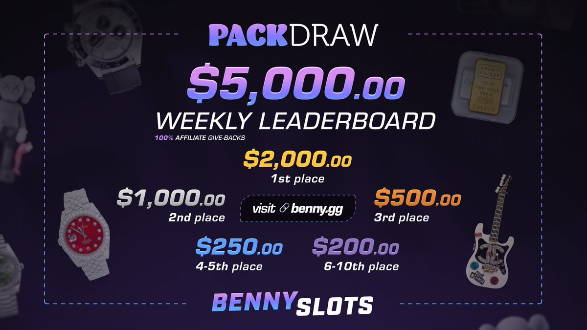 $5,000 Weekly <a href="/PackDraw/">PackDraw</a> Leaderboard reset last night! 💎

Top 10 placements get payouts ranging from $200 up to $2,000!

Also INSTANTLY receive 100% of affiliate commission paid back to you by wagering under code 'Benny'

💰RT &amp; Reply with your USDC ERC-20 Address! ($20)