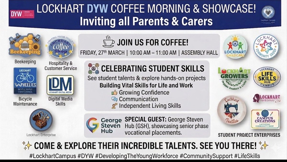 lockhart_campus's tweet photo. We are excited to invite parents and carers to our monthly DYW Showcase Event tomorrow!
Come along to see the incredible talents of our pupils and explore our hands-on projects that build vital skills for life and work.
•📅 When: Friday, 27th March
•🕙 Time: 10:00– 11:00am https://t.co/H7d3EdpC5v