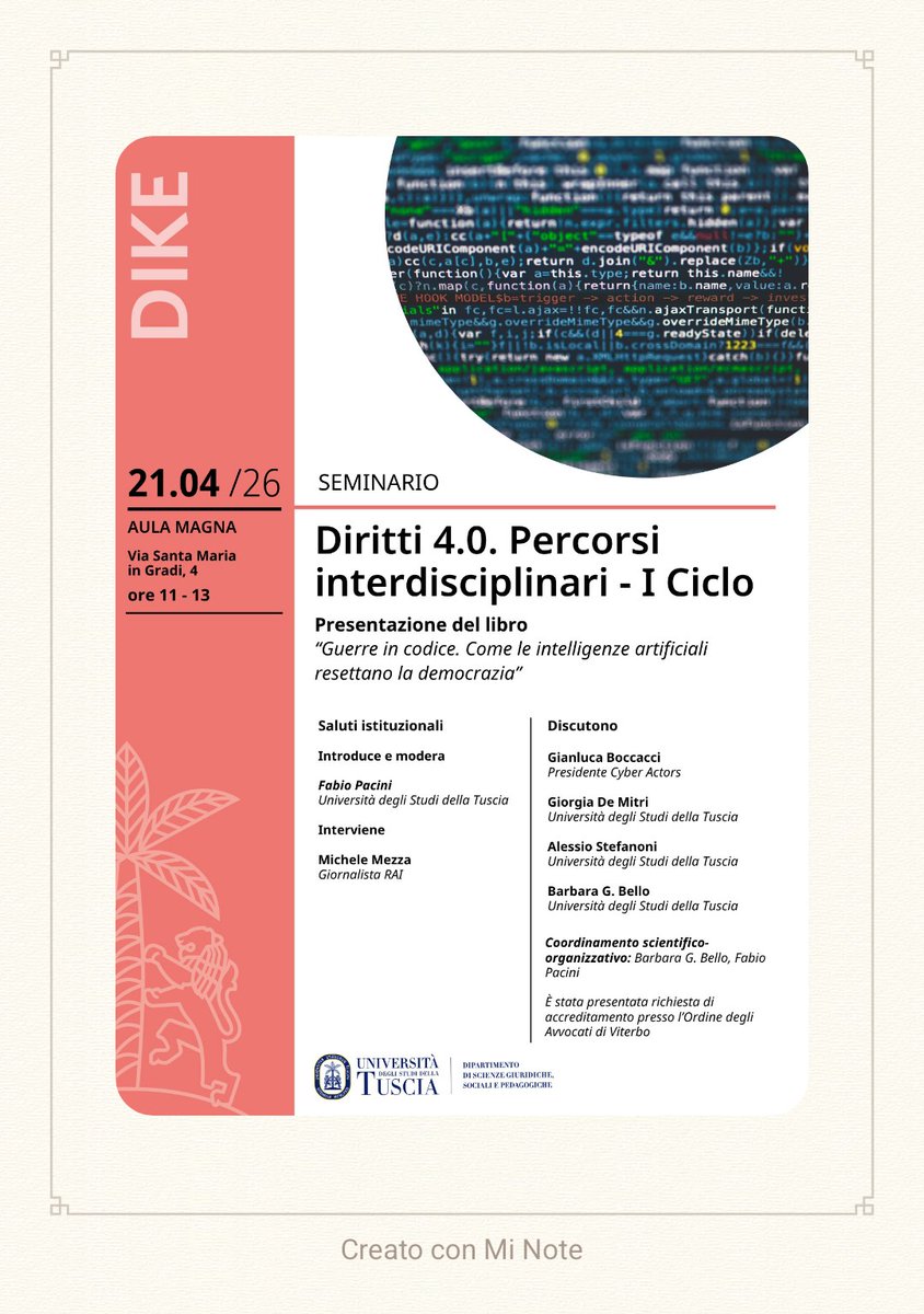 ActorsCyber's tweet photo. Il 21 aprile il presidente dei Cyber Actors Gianluca Boccacci prenderà parte alla presentazione del volume “Guerre in codice. Come le intelligenze artificiali resettano la democrazia” di Michele Mezza 📖

Vi aspettiamo! 🔝
#cyberactors #cyberactforum #cybersecurity #UnitusDike https://t.co/TlIm5jSoMB