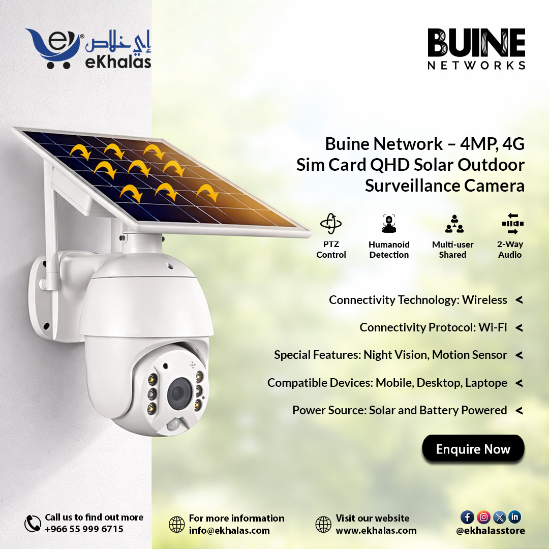 Buine Network – 4MP, 4G Sim Card QHD Solar Outdoor Surveillance Camera

#ekhalas #vision2030 #ekhalasstore #solarcamera #solar #solarpower #security #cctv #camera #homesecurity #solarpanel #streetlights #solarsecurity #solarstreetlight #solarstreetlighting #solarstreetlamp