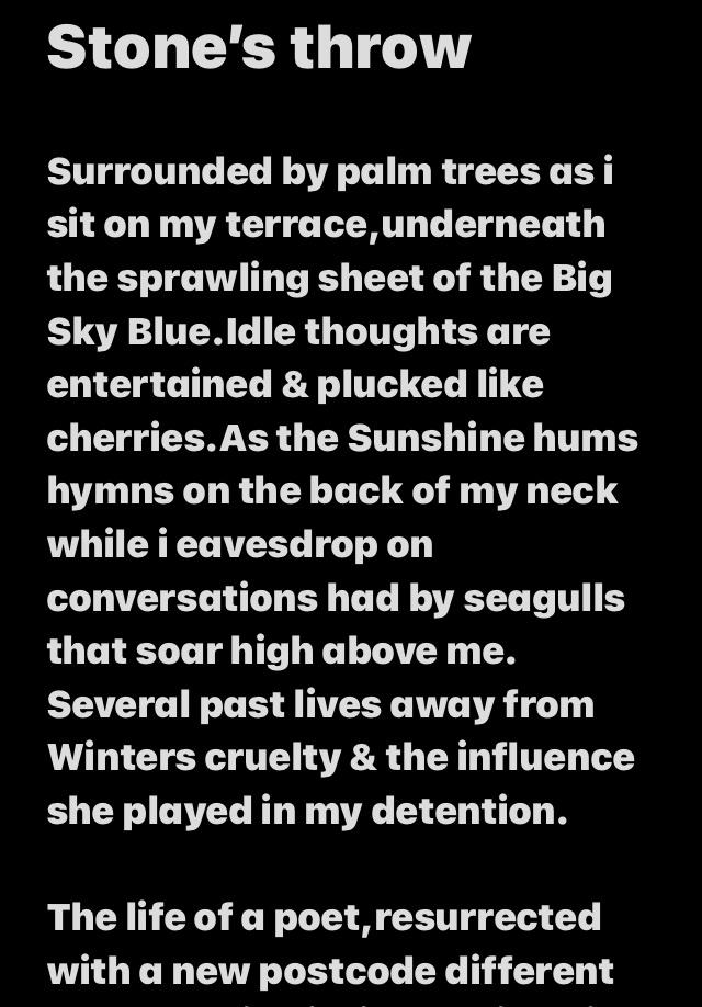 tyronewarren819's tweet photo. ✨‘Stone’s throw’✨✍🏽
#poetry #terrace #palmtrees #Atlanticsea #dunes #countryside #nature #resurrection #Invisiblepoets #wheelsongbooks https://t.co/5ZikTtD3uY