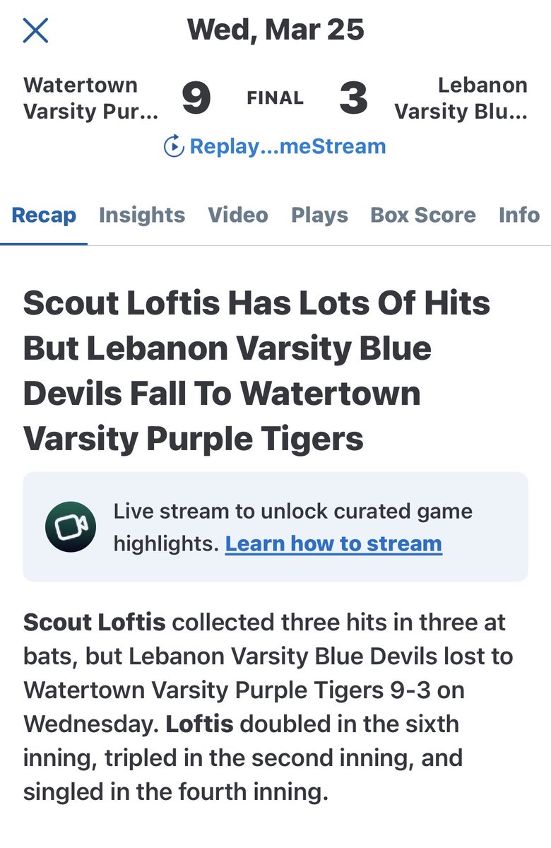ScoutLoftis's tweet photo. 3 for 3 at the plate with a triple, double and single. Final 9-3. https://t.co/CgGVsNdQVw