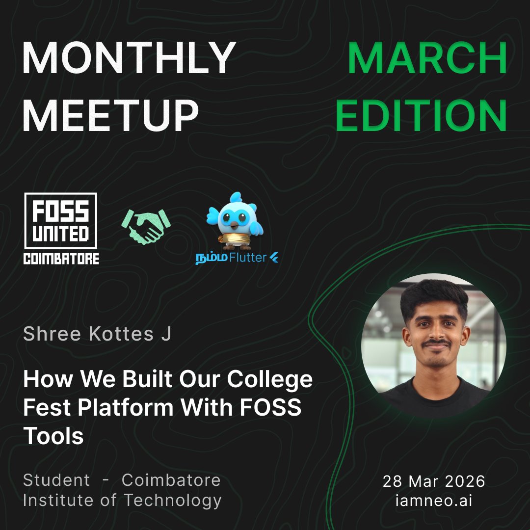 FOSSUnitedCBE's tweet photo. Anush M, Pranav N T, Shree Kottes J, and Vishal D join us to share their journey of building a college fest platform with FOSS tools

🗓️ 28th Mar | 09:00AM - 12:30PM
📍 https://t.co/k7Vmqq1CVB
🔗 RSVP: https://t.co/TcUBlE0WTv

#FOSSUnited #FOSSCIT #OpenSource #kovai #NammaFlutter https://t.co/8eECu1pmWq