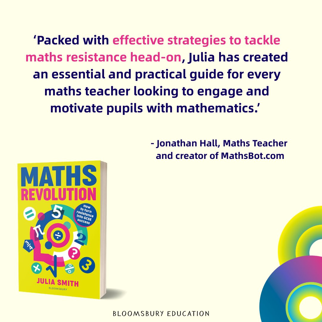 BloomsburyEd's tweet photo. It’s publication day!🥳

Maths Revolution: How to Turn Resistance into GCSE Success is officially out today!

This book shares the practical strategies behind the 5Rs curriculum to help resistant learners build confidence and succeed in GCSE maths.

For anyone working with students who say “I hate maths” - this is the book for you!

https://t.co/9CncEiwCJq @tessmaths