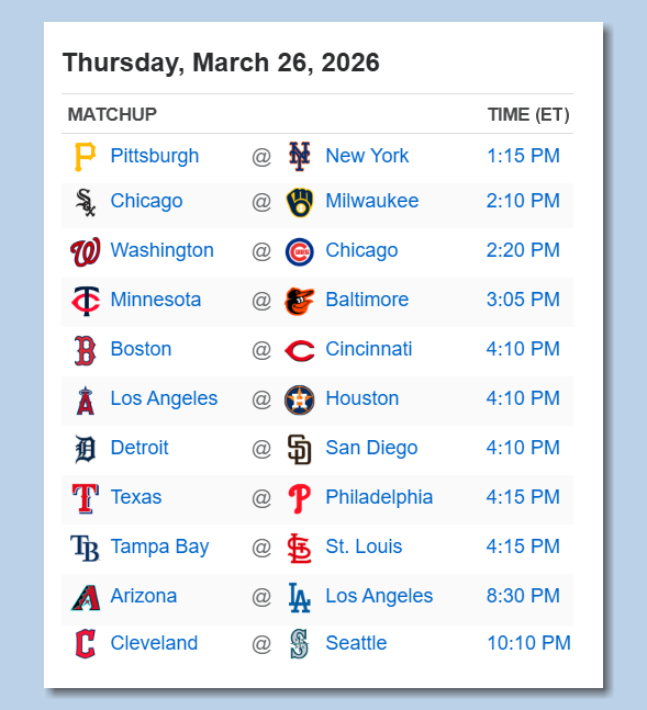 BSmile's tweet photo. Happy #OpeningDay Baseball Fans! Here's the #MLB schedule for Thursday, March 26th - The 2026 Season Is Here! ⚾️ PLAY BALL!!! https://t.co/AQMY07YlNc