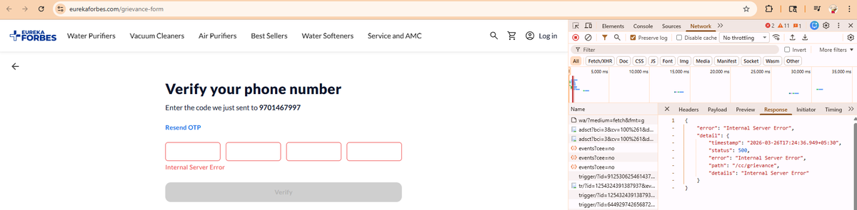 santoshbmpatel's tweet photo. @EurekaForbes @Eureka_ForbesIN @consumercourtin 
So convenient when the grievance form itself errors out. No grievance raised, no problem to resolve. https://t.co/bkMXoPubRf