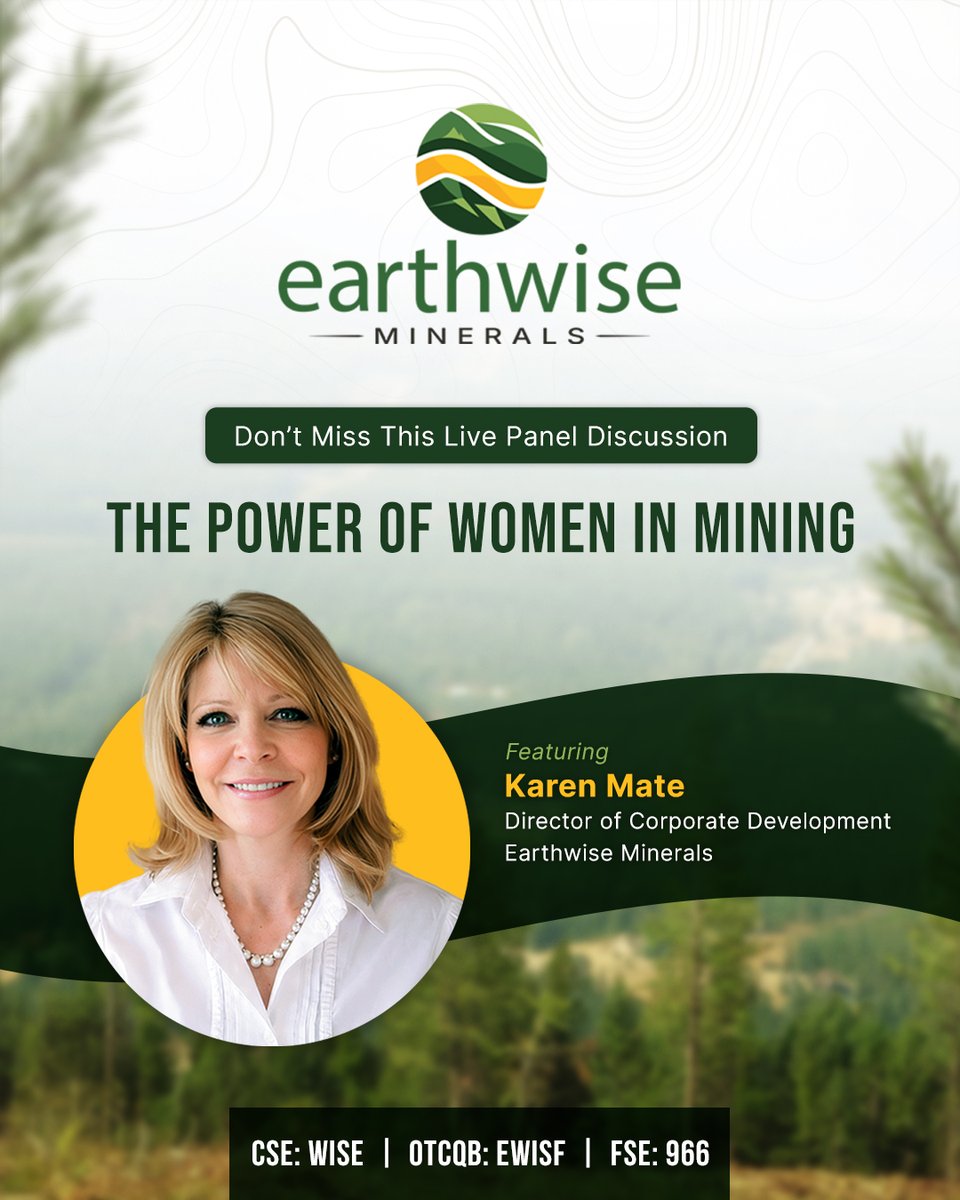 Join Karen Mate, Director of Corporate Development at $WISE, as she takes part in a live panel featuring accomplished women leaders in mining.

Secure your spot in the event: globalonemedia.zoom.us/webinar/regist…

🇨🇦 #CSE: $WISE.C 🇺🇸 #OTCQB: $EWISF 🇩🇪 #FSE: #966