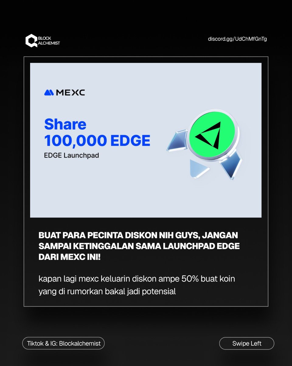 blockalche_id's tweet photo. Kenapa wajib ikut🔥?
• Diskon hingga 50% (mulai 0.35 USDT)
• Pengguna lama tetap dapat 30% off (0.45 USDT)
• Alokasi terbatas: 100,000 EDGE
• Full Refund jika harga turun dari launchpad
Link pendaftaran : https://t.co/4tmjT0pQ17 https://t.co/meWQ5xJ8WW