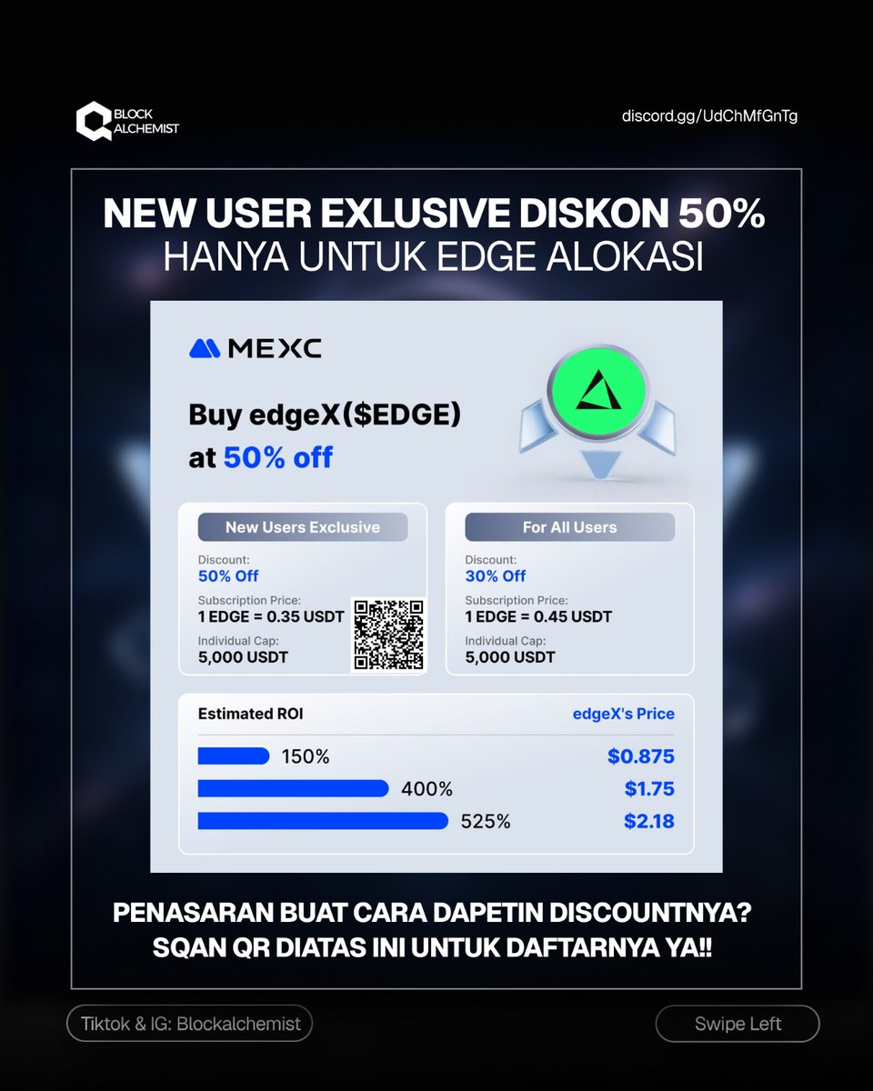 blockalche_id's tweet photo. Kenapa wajib ikut🔥?
• Diskon hingga 50% (mulai 0.35 USDT)
• Pengguna lama tetap dapat 30% off (0.45 USDT)
• Alokasi terbatas: 100,000 EDGE
• Full Refund jika harga turun dari launchpad
Link pendaftaran : https://t.co/4tmjT0pQ17 https://t.co/meWQ5xJ8WW