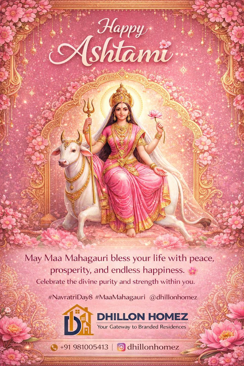 dhillonhomez's tweet photo. “Celebrate the divine grace of Maa Mahagauri this Ashtami.
May your life be filled with purity, success &amp; beautiful new beginnings. 🌸

✨ Happy Ashtami from Dhillon Homez ✨
RANBIR SINGH DHILLON | 9810035413 

#happyashtami #navratri #dhillonhomez #realestate #gurugram https://t.co/PXlLMUrVjv