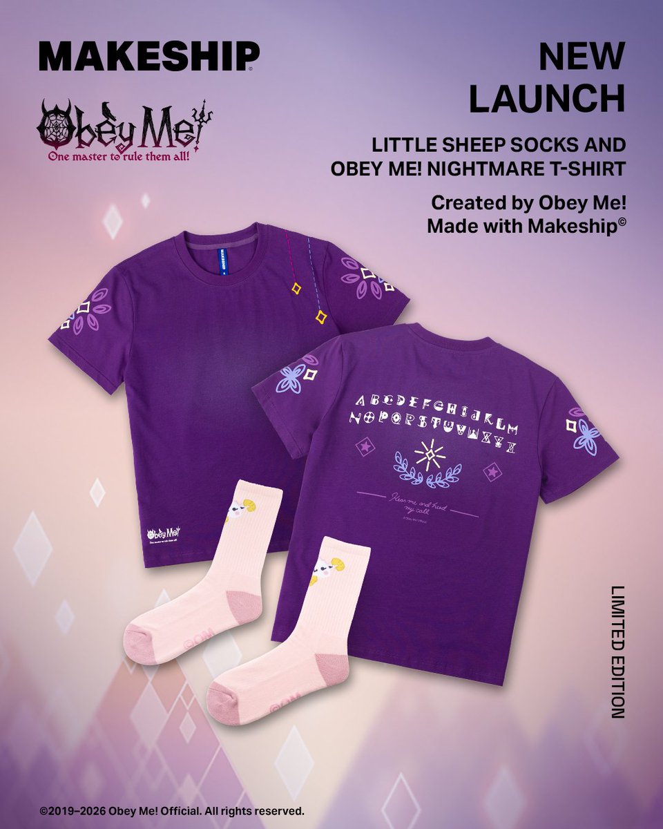 ＼Makeship×Obey Me！／
✨アパレルコレクション✨

『Obey Me! Nightbringer』の世界観をまとったTシャツ＆ソックスが登場😈❣️

Tシャツは、大胆なバックプリントとシンプルなフロントで日常使いしやすいデザイン！