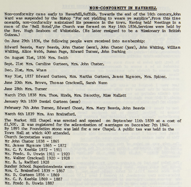 Non-conformity in Haverhill    Article from Oct 1989 Roots listing those present at a meeting June 1836  and then the opening of the Market Hill Chapel in 1839.  List of church secretaries