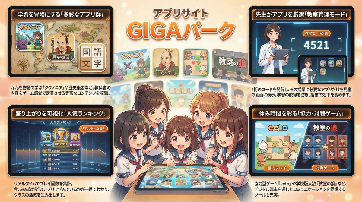 rohimotoiwaka's tweet photo. 「新しいクラスのみんなと、GIGAを使って楽しく絆を深めたい！」 「でも、隙間時間に教室がタイピングゲームセンターになるのは避けたい…」
そんな先生方のリアルな思いに応える、自作アプリまとめサイト「GIGAパーク」のご紹介です✨新年度のスタートにぴったりの機能が詰まっています！
✅ 「先生メニュー」でアプリを限定 
「今日はこのアプリだけ」と、先生が選んだアプリだけを子どもたちの画面に表示できる便利な管理機能付きです。 
✅ クラスみんなで盛り上がるレクアプリも収録 
学校版人狼ゲーム「教室の狼」や協力型ゲーム「eeto」など、新学期の学級開きやアイスブレイクにもぴったりなアプリが揃っています。 
✅ 「タグ検索」でやりたいことがすぐ見つかる 
「算数」や「みんなで」などのタグボタンを押すだけで簡単に絞り込めるので、低学年の子どもたちでも迷わず使えます。 
✅ ワクワクする「人気ランキング」 
みんなのプレイ回数をもとに「人気ベスト3」が自動で表示されるので、子どもたちの興味を惹きつけます。
（※画像ホスティングサービスを利用しているため、自治体によっては画像が表示されない場合もあります）

🎁 配布条件 フォロー、いいね、リポストでGIGAパークとDMしてください。