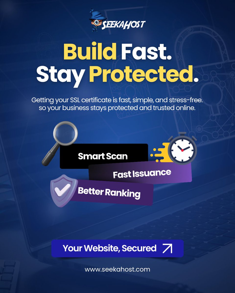 🔒Build Trust from the First Click!

Show your visitors that your website is secured with SSL encryption.🔐

Get your SSL certificate and secure every click with SeekaHost.

👉 Get yours -> seekahost.com/ssl-certificat…

#atSeekaHost #SSL #WebsiteSecurity #SecureWebsite #SSLCertificate
