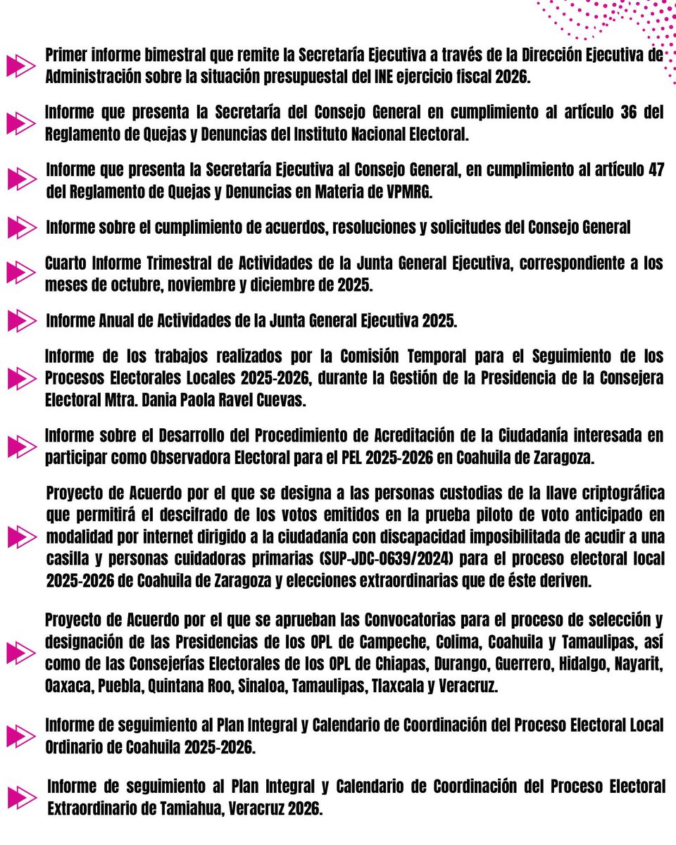 DaniaRavel's tweet photo. #SesióndeConsejoGeneral 🗳

📆 Hoy tendremos 2 sesiones del Consejo General del @INEMexico

Estas sesiones serán de las últimas en las que participaré como Consejera Electoral, tras un periodo de trabajo colegiado y construcción de acuerdos en esta Institución, que ha marcado profundamente mi vida profesional y personal.

Estos son los puntos principales que se abordarán 👇🏼

🕔 Nos vemos a las 10:00 hrs

📣 ¡Sigue la transmisión #EnVivo 👉 en el canal de YouTube: INETV

Sesión 1: https://t.co/BOmjqMaoq2 
Sesión 2: https://t.co/1VJTk0k82n