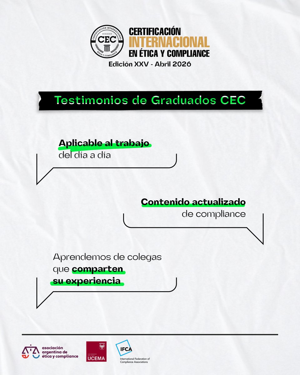 AAECOMPLIANCE's tweet photo. ⏳ ¡Últimos días! Sumate a la XXV edición del Programa CEC
Certificate en el programa líder de la región, dictado por la #AAEC y @ucema_edu, con el respaldo internacional de IFCA. ¡No te quedes afuera!

🗓️ Inicio: Abril 2026 
🔗 Inscripciones aquí: https://t.co/d5rnIHdZR8 https://t.co/52f2sfUtgB