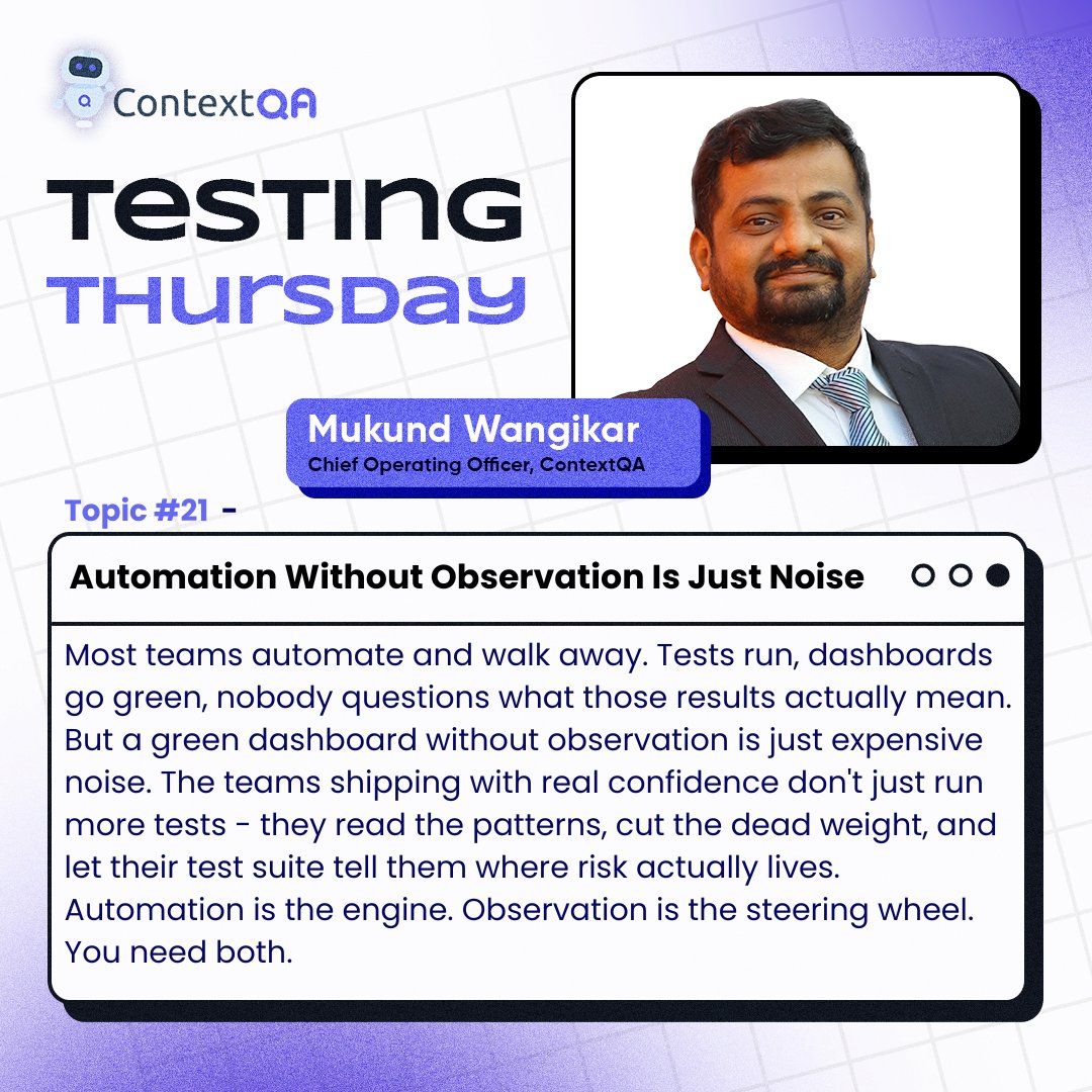 ContextQa's tweet photo. 847 tests passed - but what did they prove? A green suite without insight is misleading. Analyze failures, coverage gaps, and real impact to turn tests into meaningful decisions.
#TestingThursday #QualityEngineering #TestAutomation #SoftwareTesting #ContinuousTesting https://t.co/lrmWNbbAG7