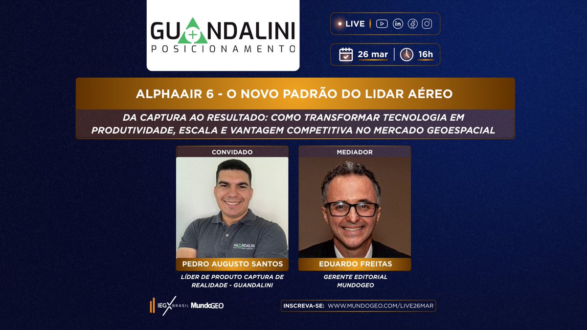AlphaAir 6 – O Novo Padrão do LiDAR Aéreo. Da captura ao  resultado: registre-se gratuitamente para assistir a Live de hoje e saiba como transformar tecnologia em produtividade, escala e vantagem competitiva no mercado geoespacial mundogeo.com/live26mar/