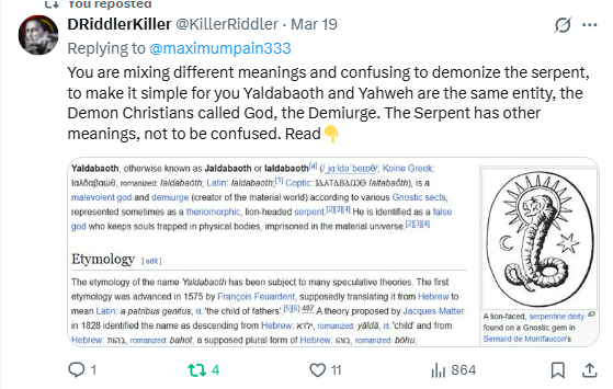 KillerRiddler's tweet photo. @Abrakhadabra93 @randallwcarlson Here 👇see if you can put those neurons to work-Satan  a Malevolent god, the Military Lord, wonder why Caucasians (Europeans and Jews) only live in Military wars Killing the Indigenous to Earth-cause you don't bond with earth-which makes you have a vagabond soul full of greed https://t.co/jD8MHKmFKX