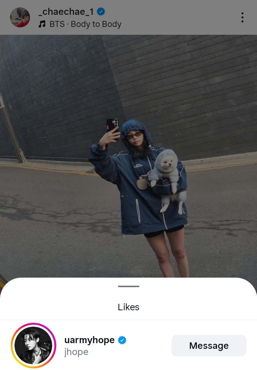 jhope liked chaewon's post where she's wearing bts merch jacket and using 'body to body' as the audio 😆