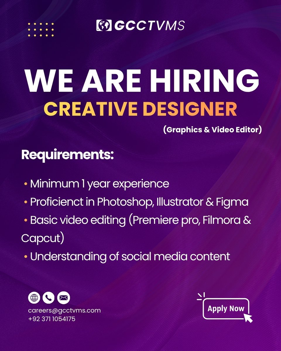 globalcctvms's tweet image. 🎨 We’re hiring a Creative Designer (Graphics &amp;amp; Video Editor) in Karachi

Work on real projects in live CCTV monitoring, surveillance, &amp;amp; business security systems.
Apply Now!

📩 careers@gcctvms.com
🌐 gcctvms.com

#CreativeDesigner #Designer #JobSearch #jobsinkarachi