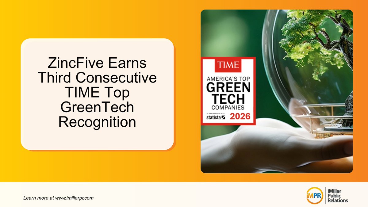 iMillerPR's tweet image. 🌟 @ZincFiveInc named to @TIME America’s Top GreenTech Companies 2026 at #142, its third straight year on the list and one of only two Oregon companies recognized. 

Press Release: imillerpr.com/news/time-reco…

#ZincFive #GreenTech #DataCenters #SustainableEnergy #iMPR @StatistaCharts
