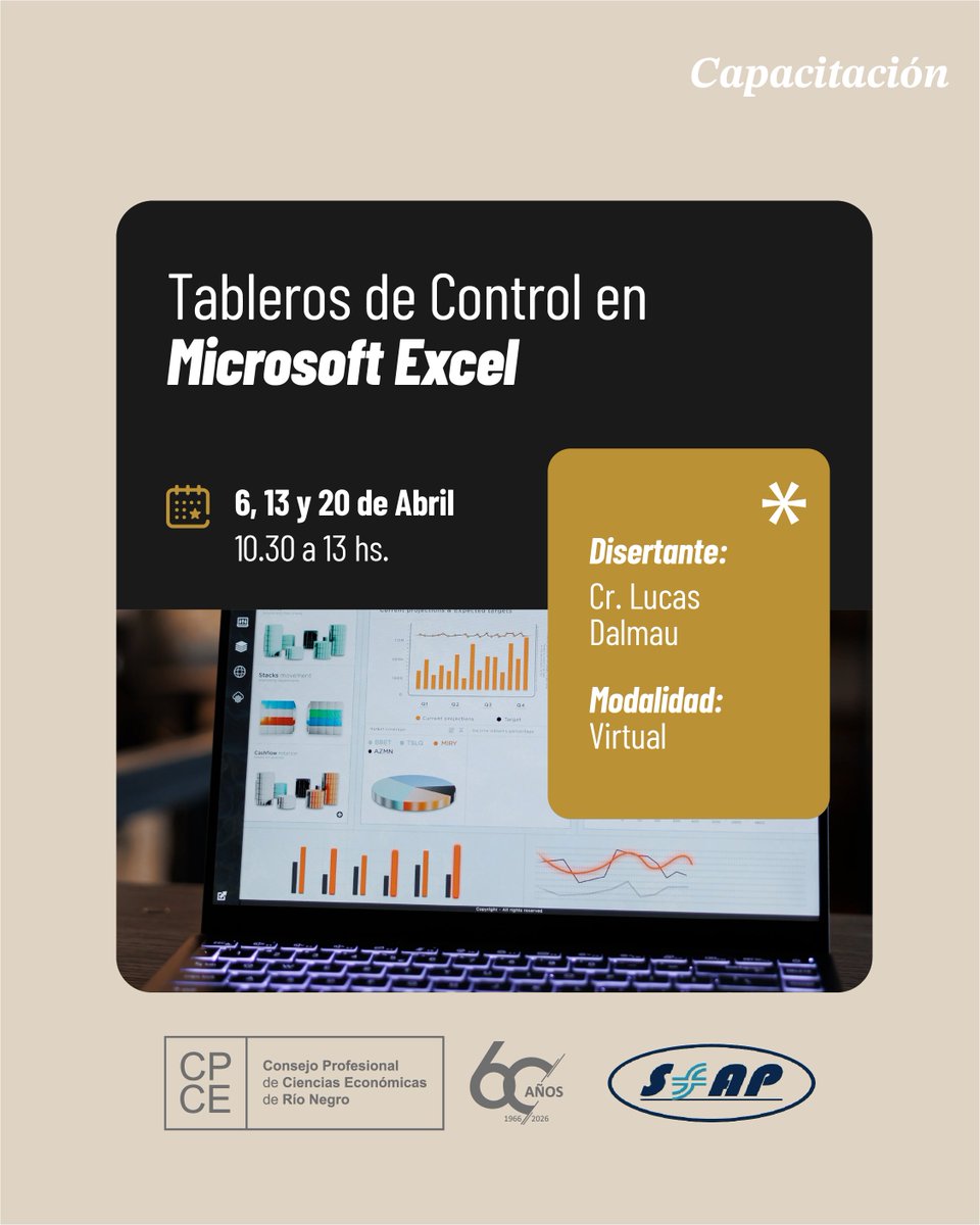 Nueva capacitación con inscripción abierta

📊 Tableros de Control en Microsoft Excel

📅 Fechas: Lunes 6, 13 y 20 de abril

🕥 Horario: de 10.30 a 13 hs.

👨‍🏫 Disertante: Cr. Lucas Dalmau

💻 Modalidad virtual

Inscripción: cpcerionegro.org.ar/capacitaciones/