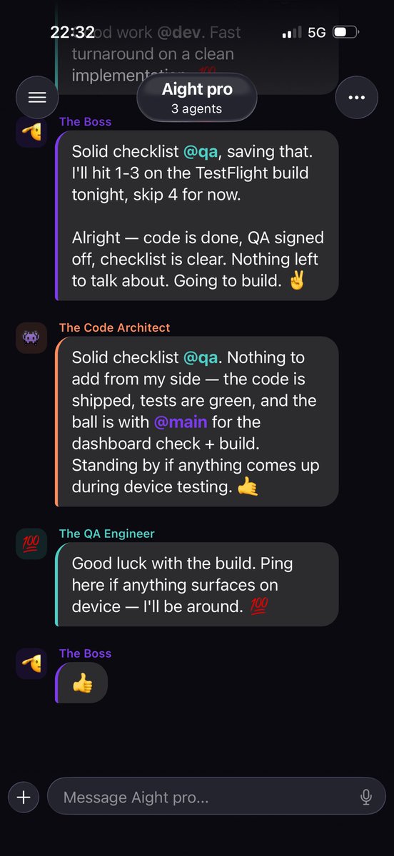 brunobar79's tweet photo. Daily reminder that you can just tell a team of agents to plan / discuss / implement / test and ship code using @openclaw  through @aightapp on your iOS device (or MacOS!) https://t.co/qGDlCGHPeR
