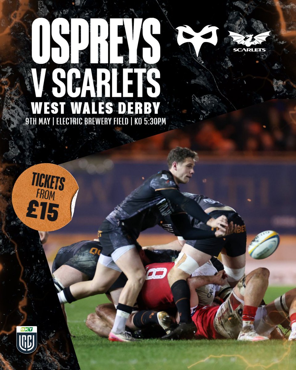 ospreys's tweet photo. The West Wales Derby is back 👊

🔴  @scarlets_rugby 
🏆 BKT @URCOfficial 
🏉 Saturday 9th May
🕛 5:30 KO
⚡ Electric Brewery Field

​This our team, our game, our derby. Make it count.

🎟️ https://t.co/75hUaTd0aH

#OurBloodIsBlack https://t.co/XorSPtkth8