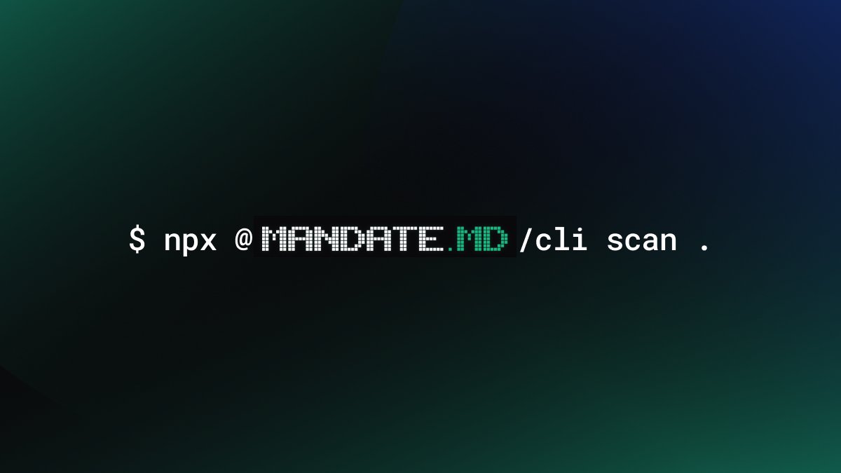 mandate_md's tweet photo. We've just shipped CLI v0.2.0 with a new command.

Scans your AI agent code for unprotected wallet calls. Zero install. https://t.co/BVo3nquS1c