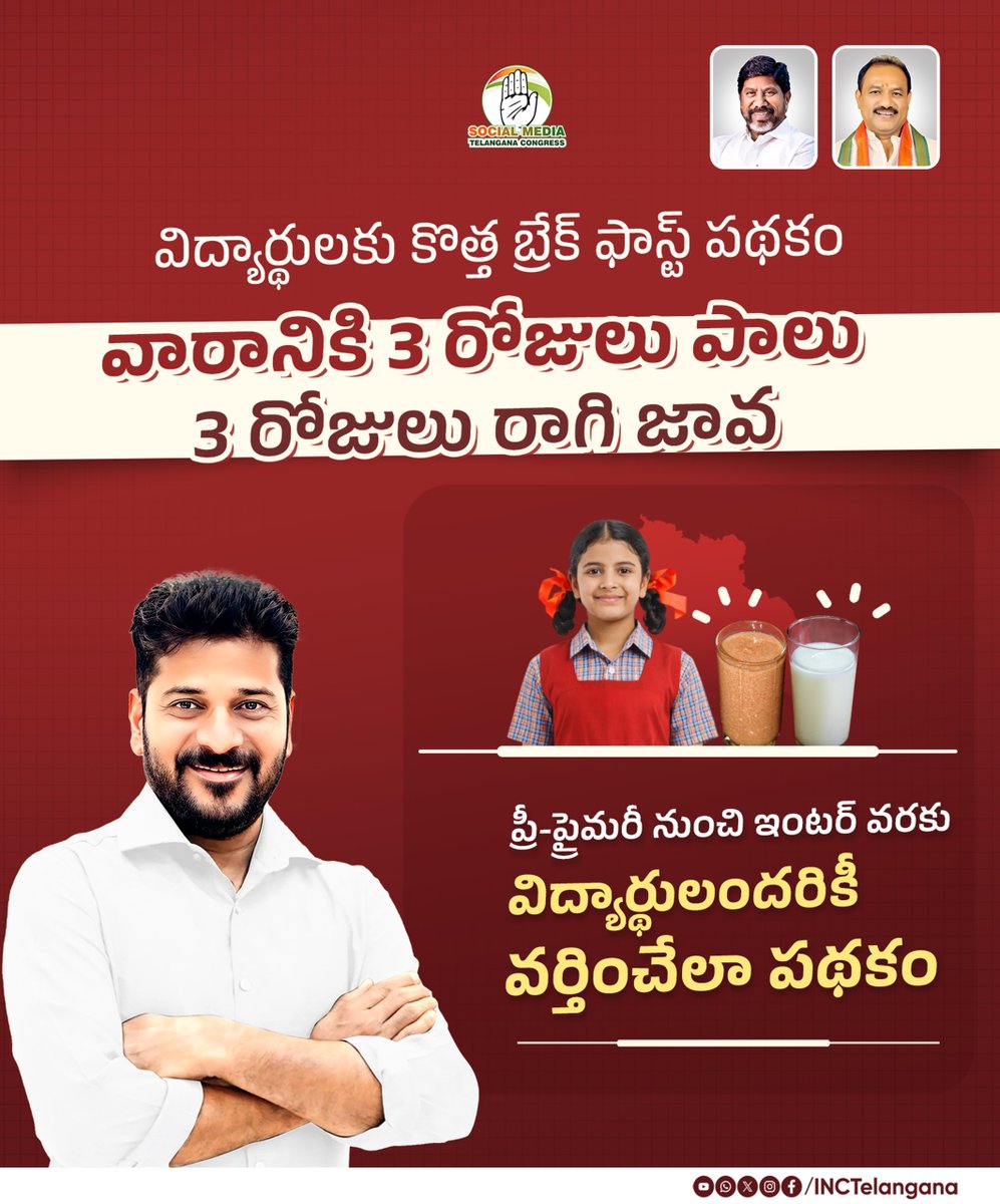 INCTelangana's tweet photo. విద్యార్థులకు కొత్త బ్రేక్‌ ఫాస్ట్ పథకం వారానికి 3 రోజులు పాలు, 3 రోజులు రాగి జావ

ప్రీ-ప్రైమరీ నుంచి ఇంటర్ వరకు విద్యార్థులందరికీ వర్తించేలా పథకం
@revanth_anumula 
#CMBreakfastScheme
#StudentNutrition
#TelanganaEducation
#SchoolBreakfast
#PrajaPrabhutvam 
#TelanganaRising https://t.co/t9Zcc5FS9m