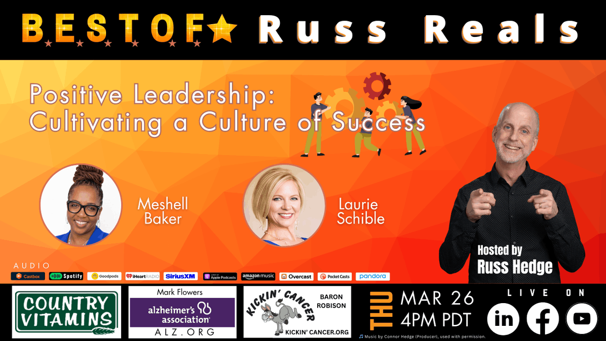 russhedge's tweet photo. Best of #RussReals: Positive Leadership -Cultivating a Culture of Success
๐
March 26, Thursday
โฐ4pm PT
๐W/ Laurie Schible & Meshell R Baker
Watch here:
https://t.co/joqDpDkUi0
https://t.co/I4V8RpLYyw
https://t.co/sBHuCQB00n
#WorkplaceCulture #TeamSuccess #perspective #replay https://t.co/fVb156Nq10