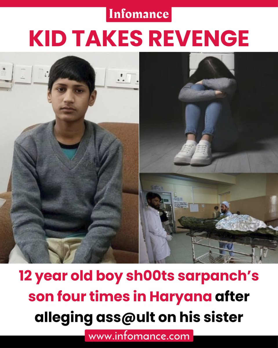 theInfomance's tweet photo. A shocking incident from Haryana has raised serious concern after a 12 year old boy allegedly shot the village sarpanch’s son four times. The boy claimed his sister was assaulted, which led to the extreme act. https://t.co/zSnRXLIwhQ